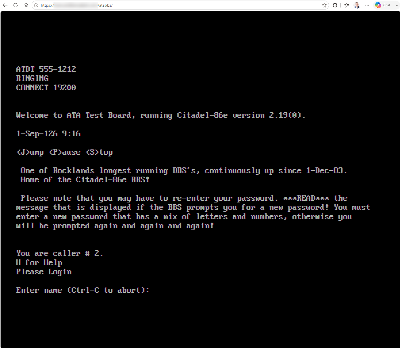A Citadel-86e login screen running in a browser tab, noting the board has been up since 1983.
