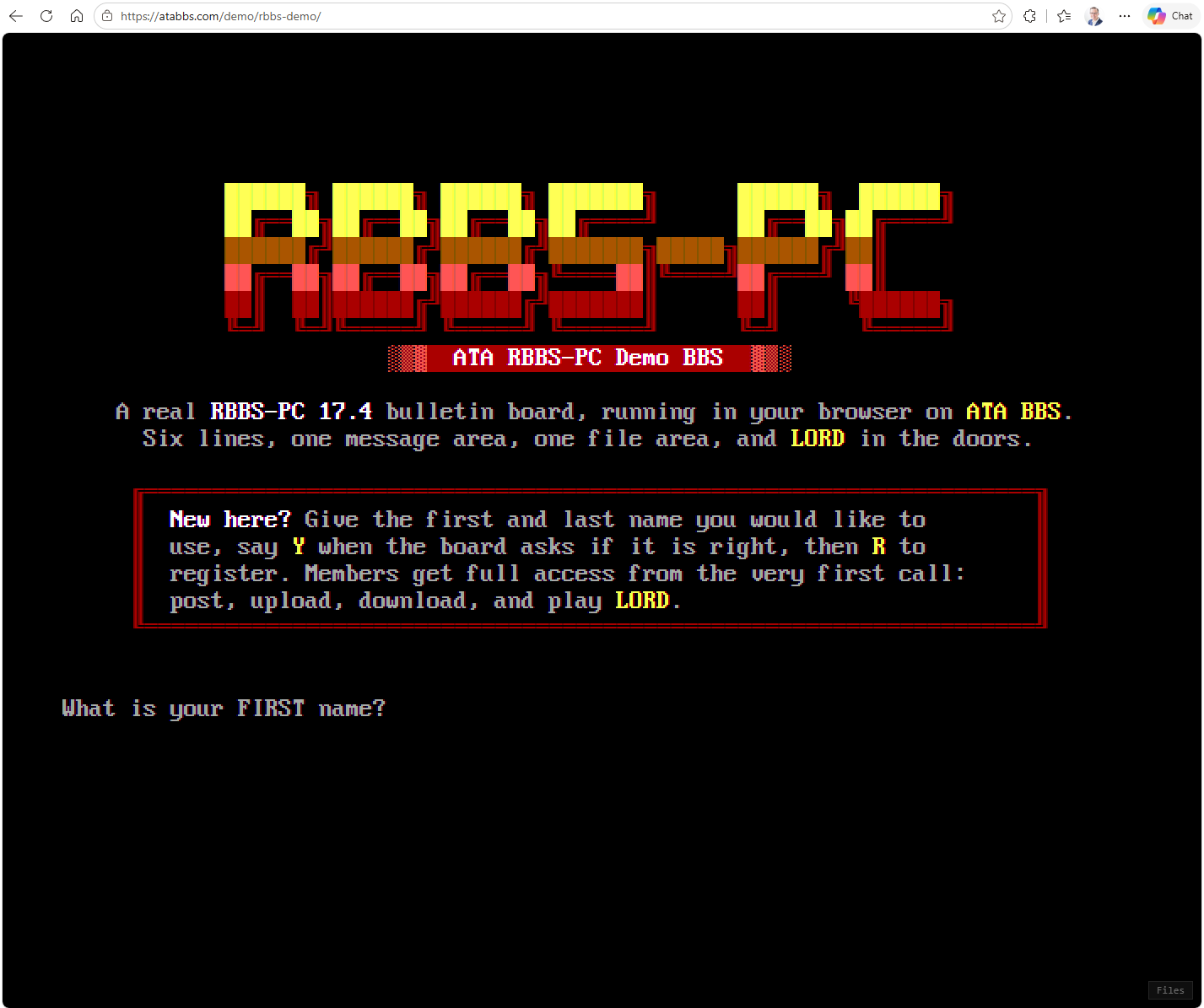 The RBBS-PC demo board's welcome screen