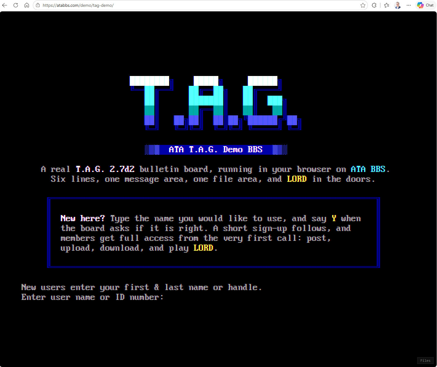 The T.A.G. demo board's welcome screen