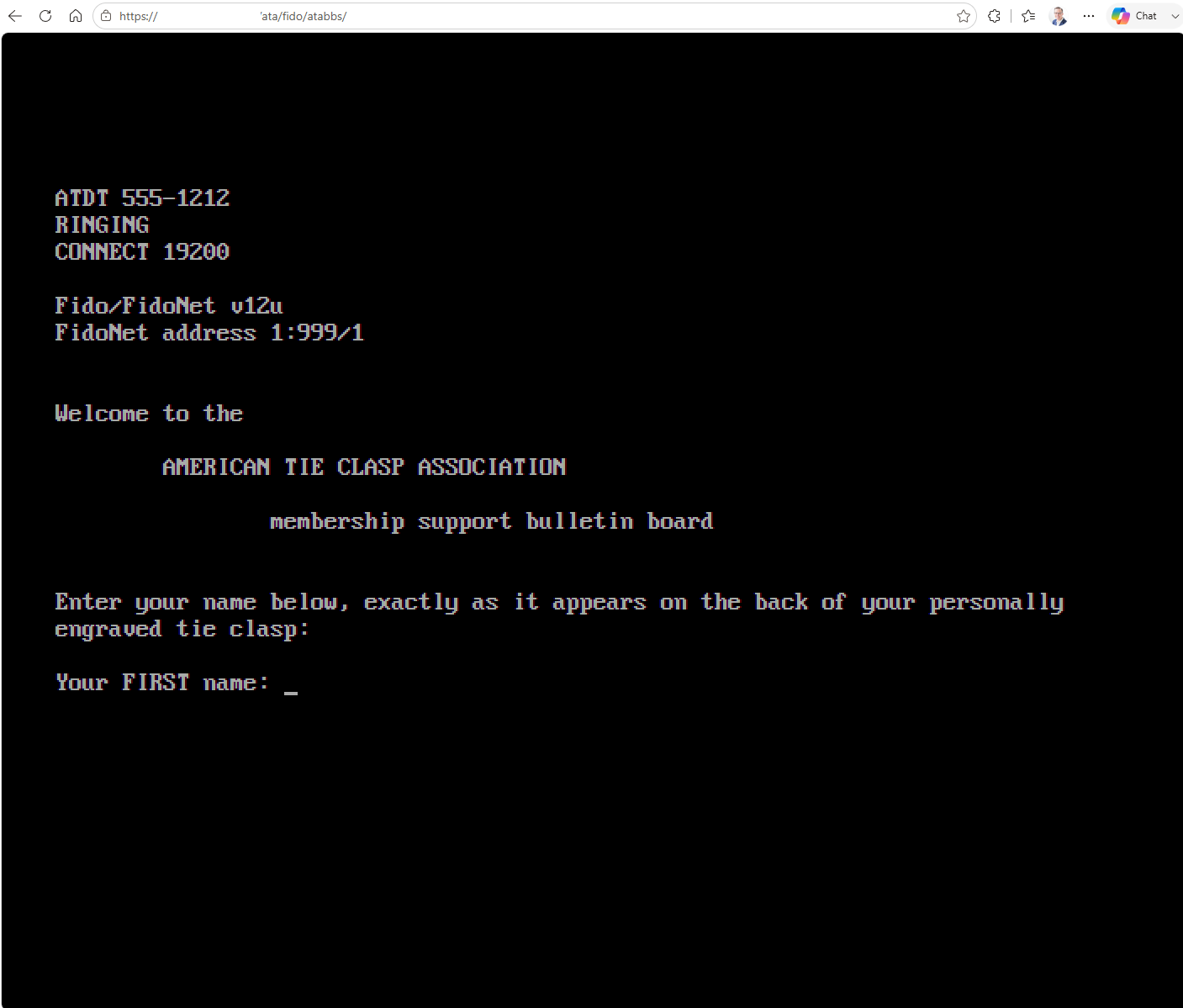 A Fido BBS welcome screen for the fictional American Tie Clasp Association, running in a browser tab.
