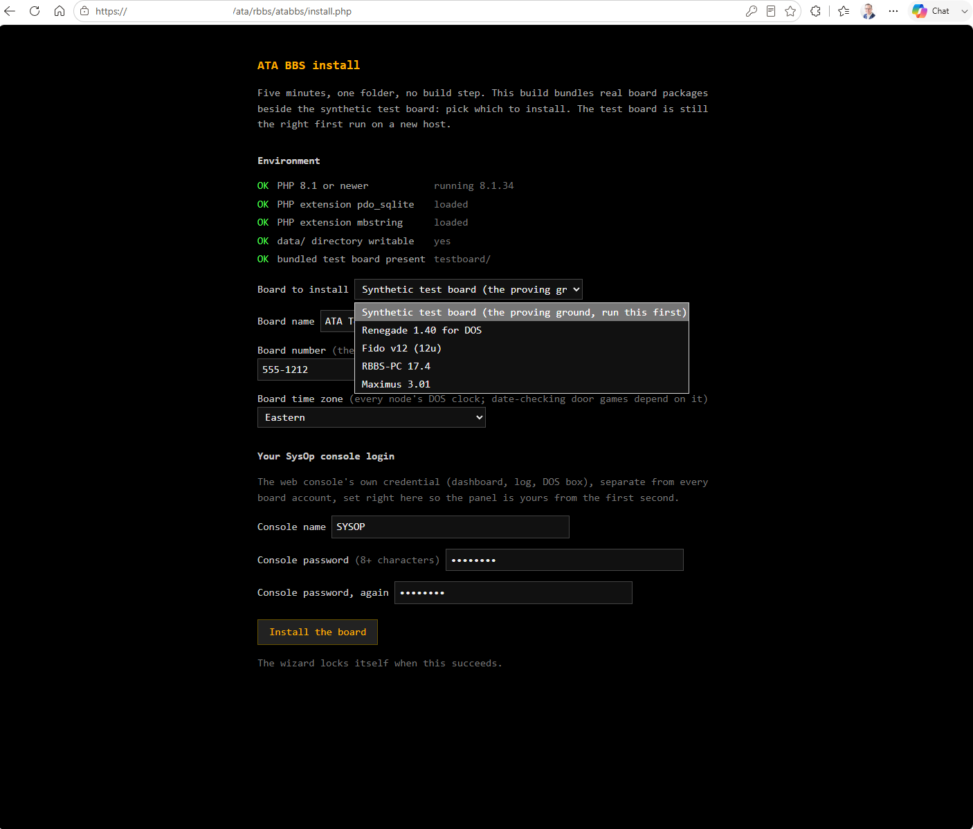 The ATA BBS installer in a browser, with environment checks passing and a dropdown listing the boards available to install.