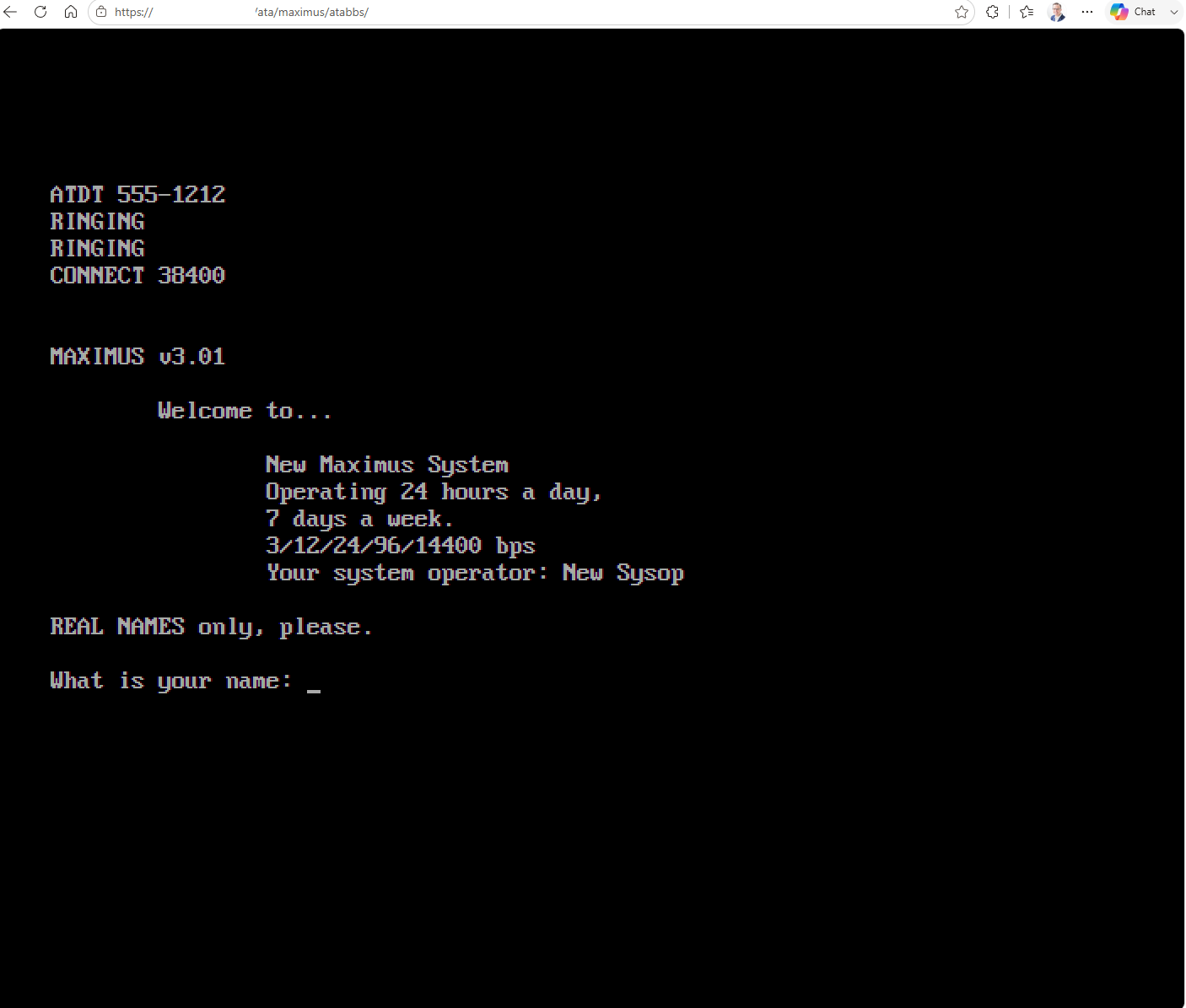 A Maximus BBS connect sequence and welcome screen, running in a browser tab.