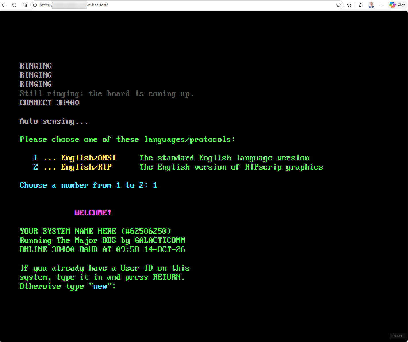 The Major BBS by Galacticomm answering a call in a browser tab, offering ANSI or RIP and then its welcome screen in green.
