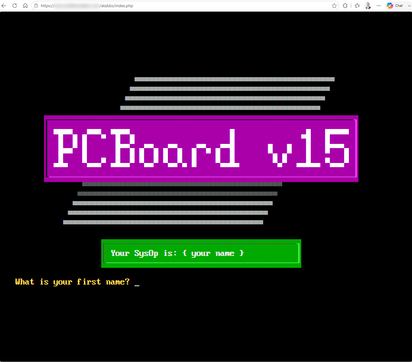 The PCBoard login screen