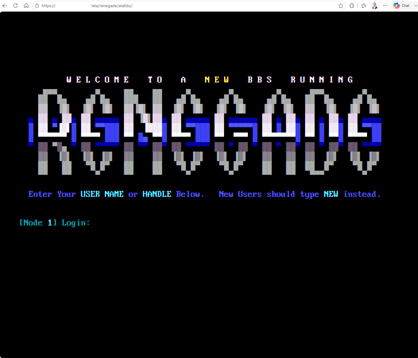 A Renegade BBS login screen with a large blue ANSI wordmark, running in a browser tab.