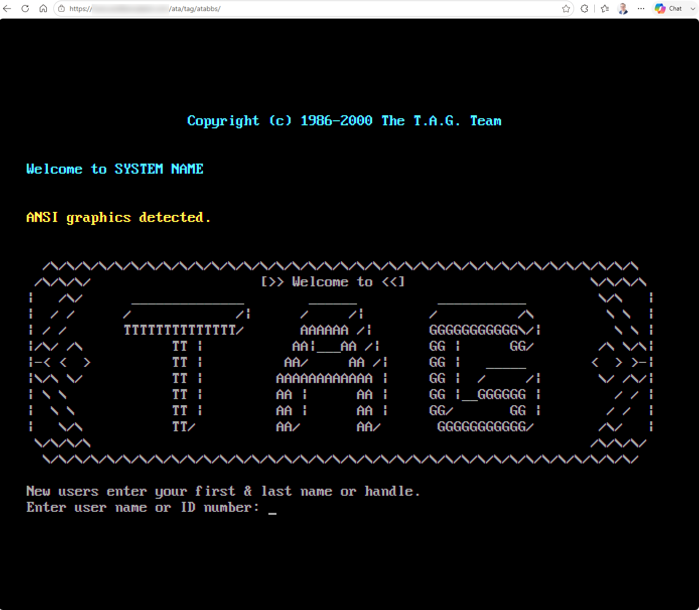 A T.A.G. BBS login screen with a large ASCII art logo, running in a browser tab.